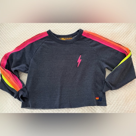 Aviator Nation Bolt Cropped Five Stripe Sweatshirt in Navy w/Neon Stripes SZ L - Picture 5 of 13